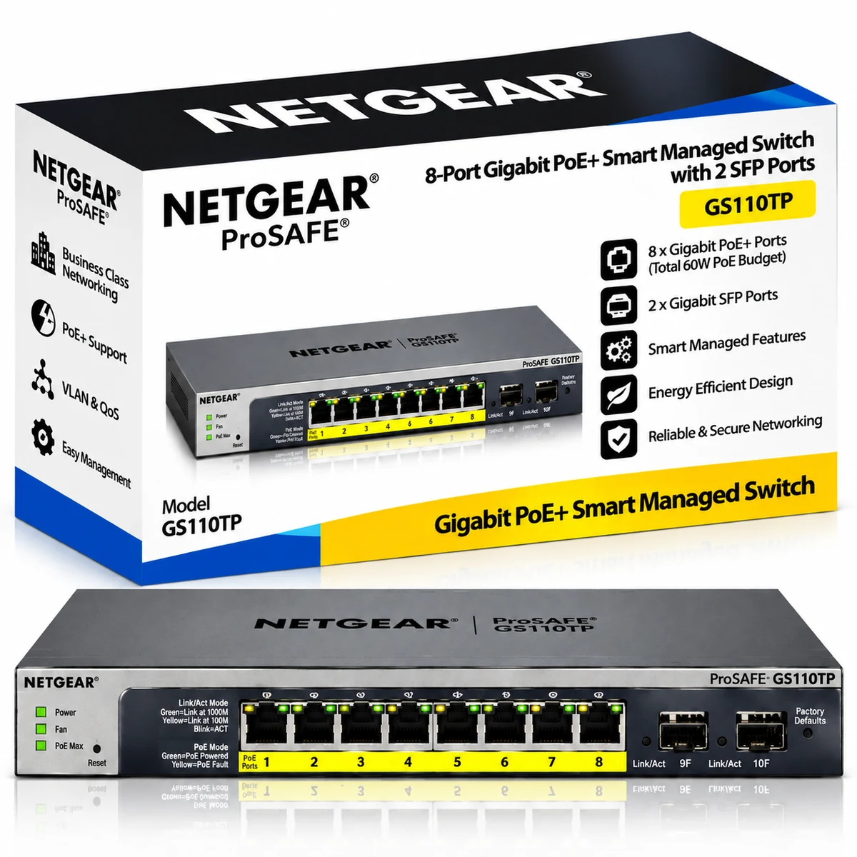 NETGEAR ProSAFE GS110TP 8-Port Gigabit PoE+ Smart Managed Switch with 2 SFP Ports